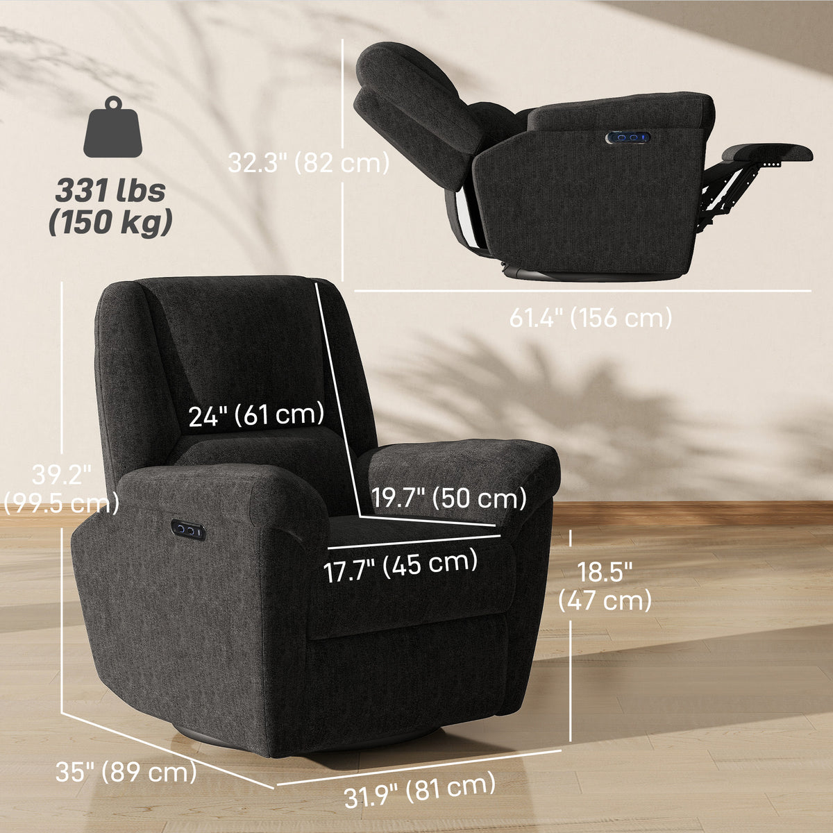 Power Recliner Chair, Fabric Upholstered Recliner Chair with USB Ports, Swivel and Rocking Function – view 2