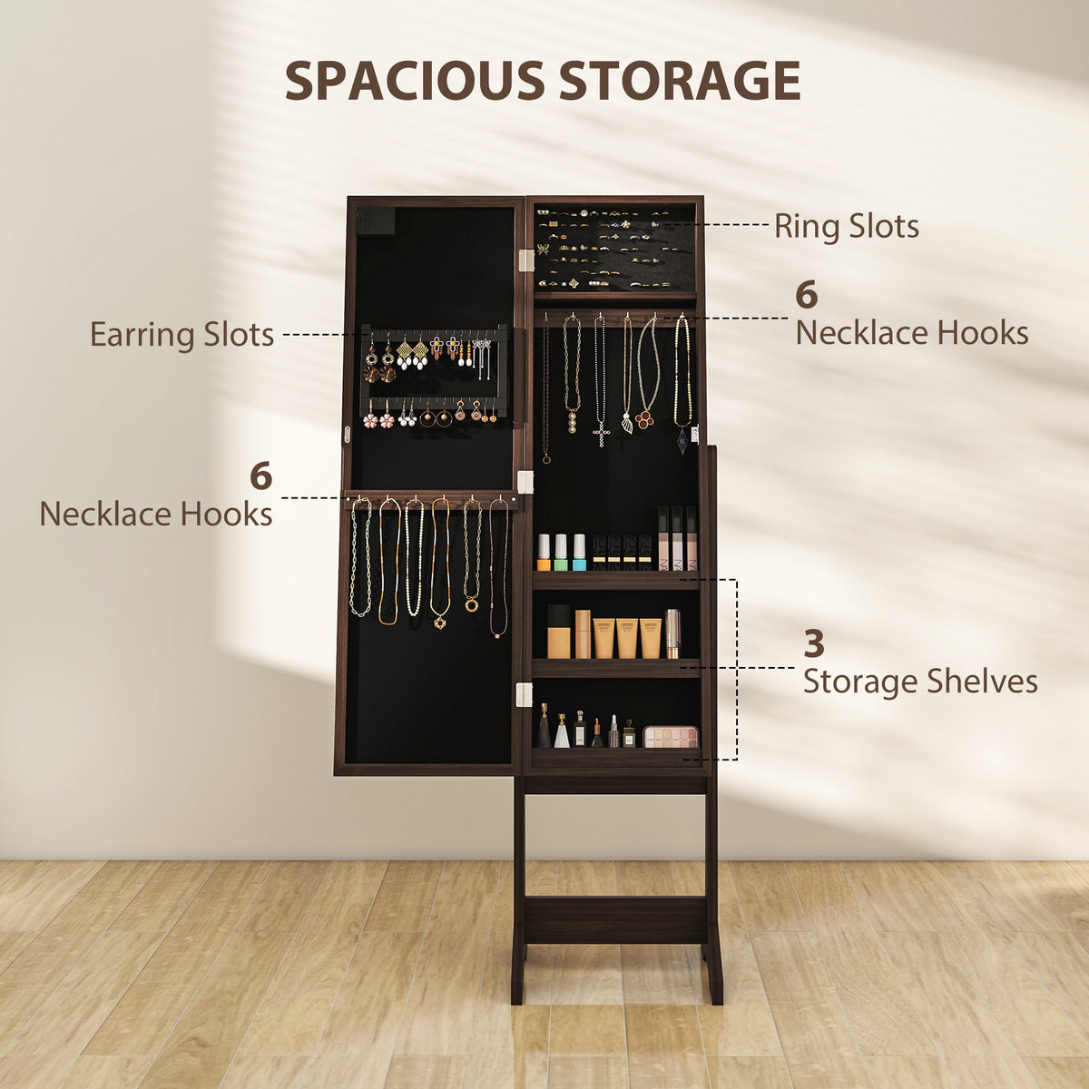Free Standing Armoire Organizer, Lighted Mirrored Jewelry Cabinet w/ Angle Adjustable & 16 LED Lights Warm – view 10