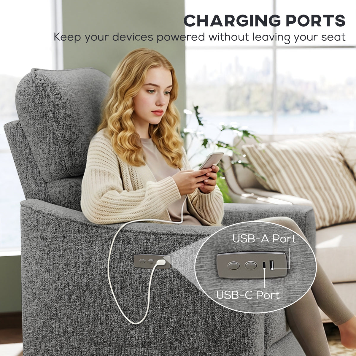 Power Recliner Chair, Chenille Upholstered Recliner Chair with USB Ports, Footrest, Dark Grey – view 5