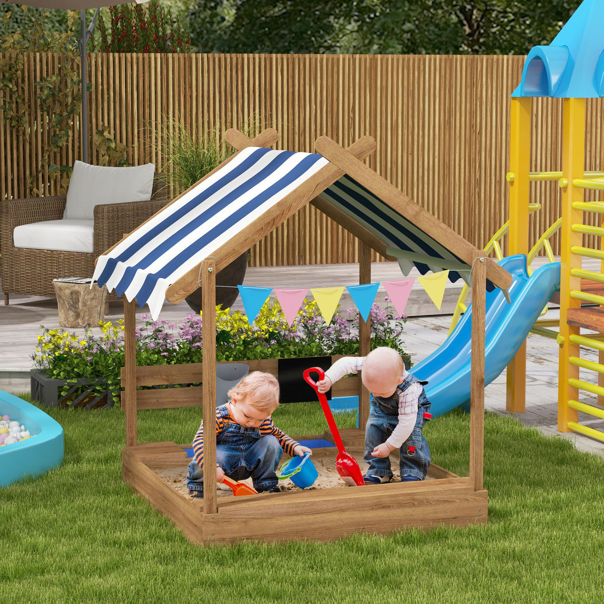 Outdoor Wooden Sandbox with Cover for 3-7 Years Old, Backyard, Brown – view 7