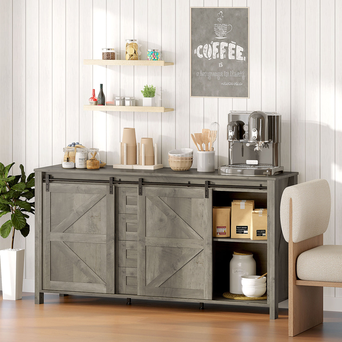 60" Buffet Cabinet, Farmhouse Sideboard with Sliding Barn Doors, Drawers and Adjustable Shelves, Cream White – view 14