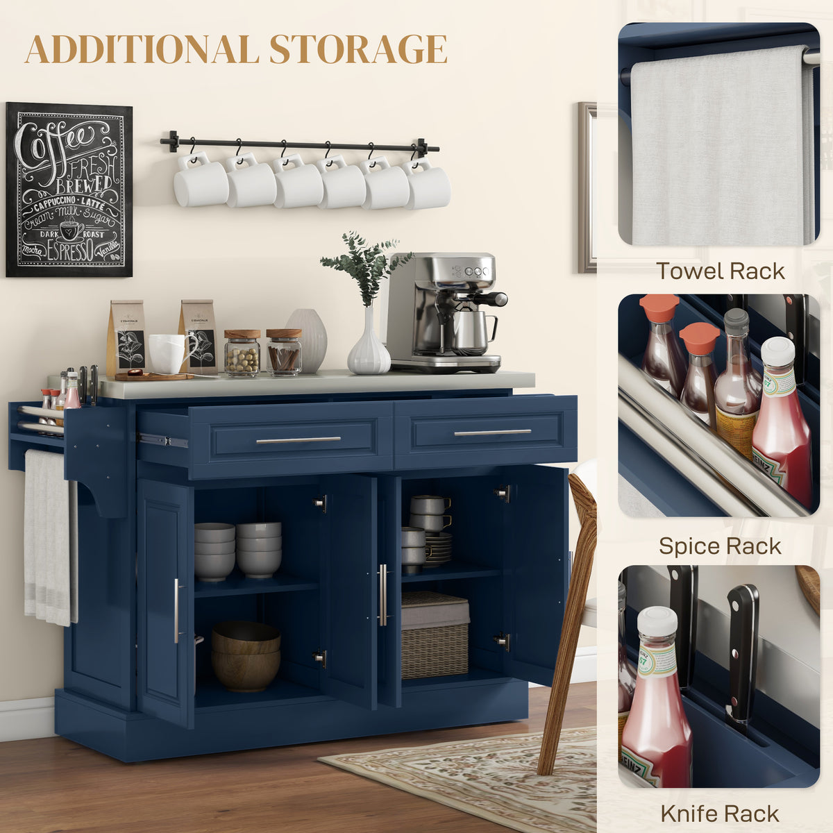 Stainless Steel Kitchen Island with Storage and Stainless Steel Top, Kitchen Trolley with Drawers – view 34