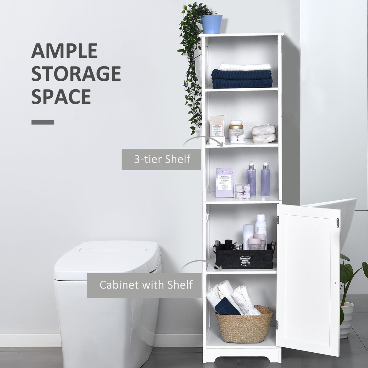 Tall Bathroom Storage Cabinet, Freestanding Tower Cabinet with Adjustable Shelf, 3 Open Shelves, White