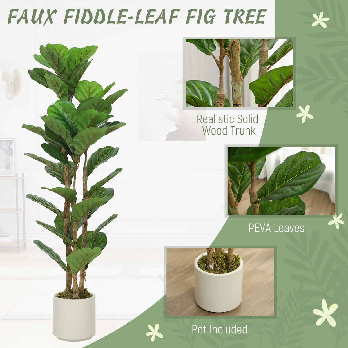 4FT Artificial Fiddle Leaf Fig Tree Set of 2, Fake Potted Tree with Solid Wood Trunks for Indoor Decor, Green