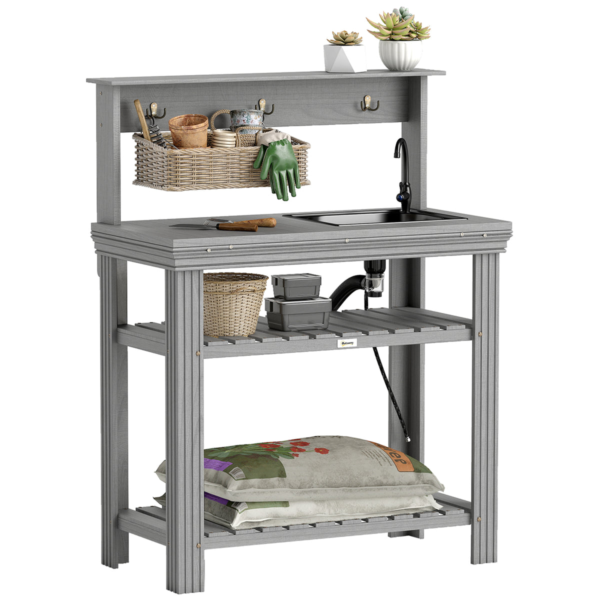 Outdoor Potting Bench Table with Faucet, Removable Sink, Hooks and Storage Shelves