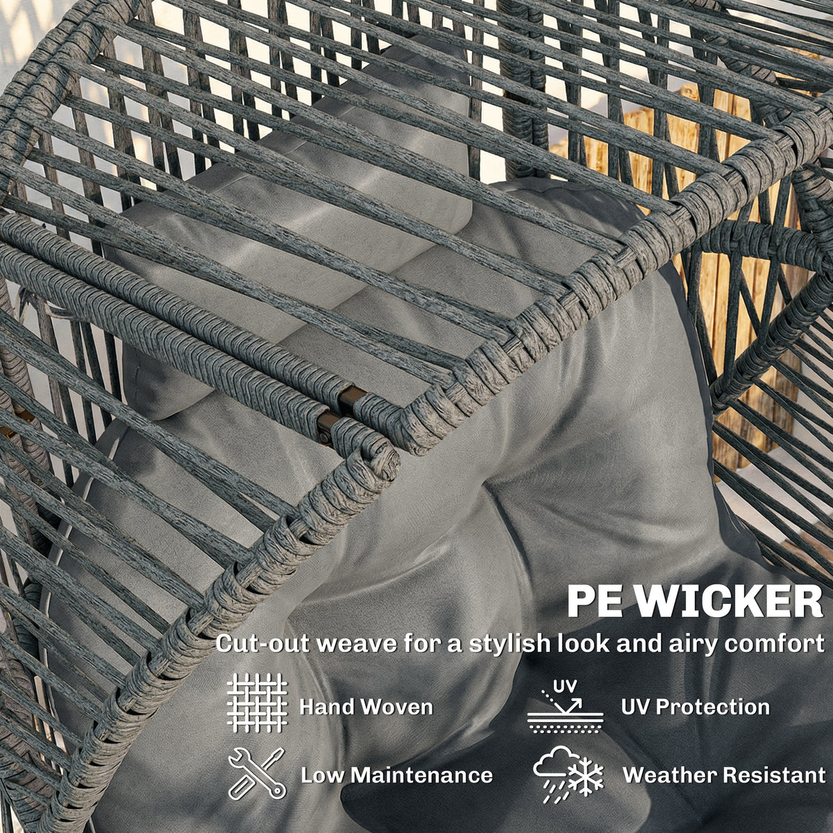 Wicker Egg Chair, 330 lbs Outdoor Rattan Lounge Chair with Thick Cushion, Headrest, Steel Frame, Dark Grey