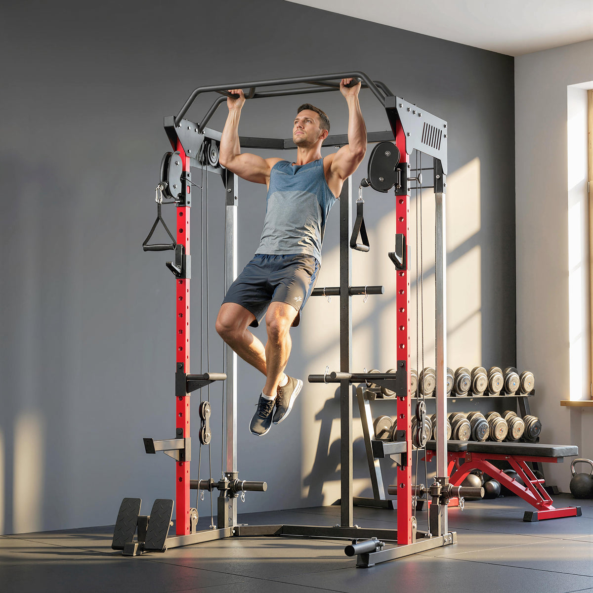 Soozier Power Cage, Power Rack with Adjustable Cable Pulley System, Pull-Up Bar, Dip Station, Landmine