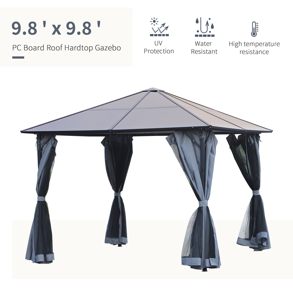 9.8' x 9.8' Garden Aluminium Gazebo Hardtop Roof Canopy Marquee Party Tent Patio Outdoor Shelter with Mesh Curtains & Side Walls, Grey