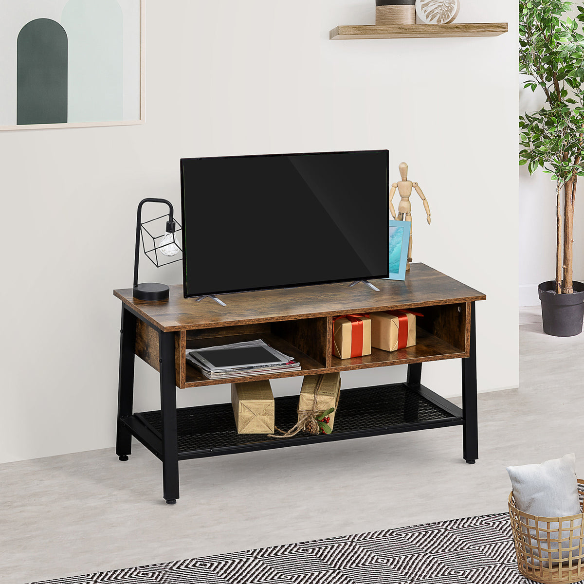 Industrial TV Stand, TV Console Table for TV up to 45'' Flat Screen, Entertainment Center for Living Room, Bedroom, Rustic Brown