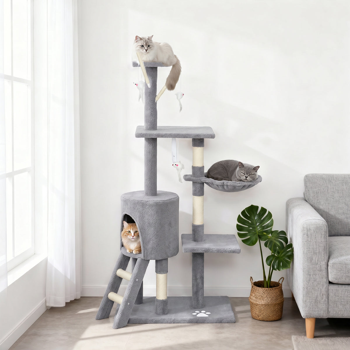 53" Cat Tree Tower, Kitten Activity Centre with Scratching Posts, Condo, Perches, Ladder, Hammock – view 35