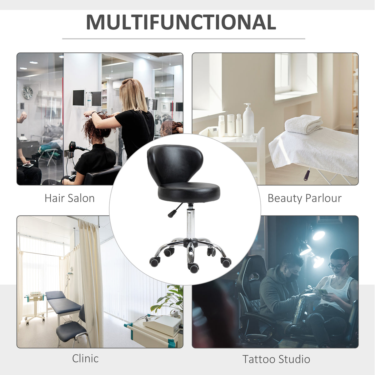 Adjustable Swivel Salon Stool with Backrest and Wheels, Office & Living Room Chair, Synthetic Leather, Black