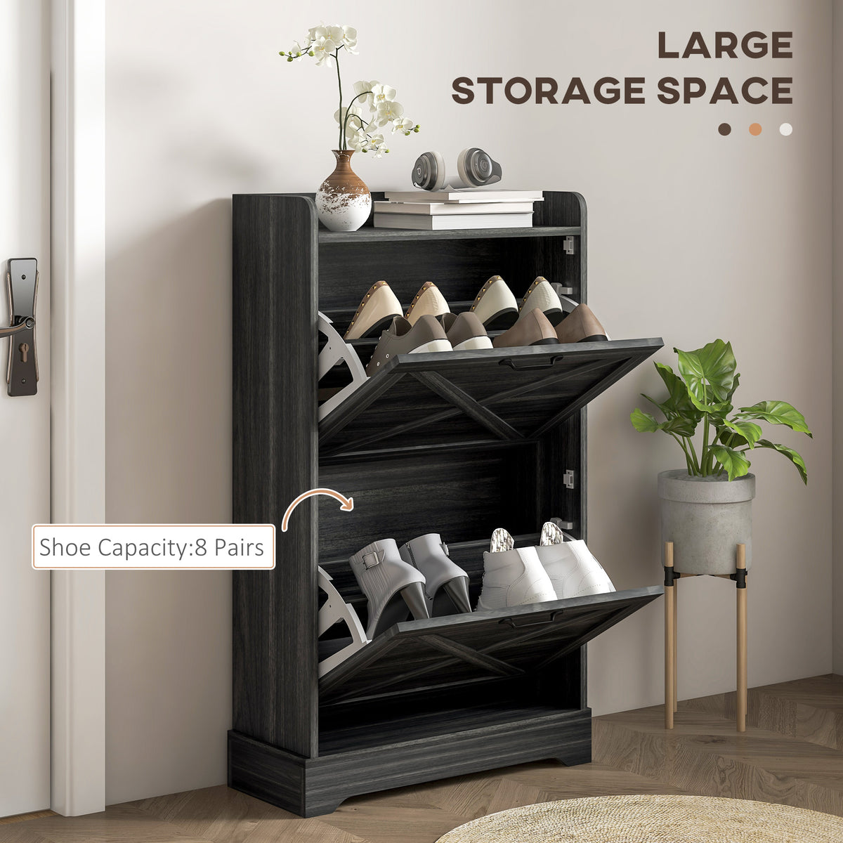 Slim Shoe Storage Cabinet, Farmhouse Shoe Cabinet with 2 Flip Drawers, Adjustable Shelves for 8 Pairs, Distressed Grey