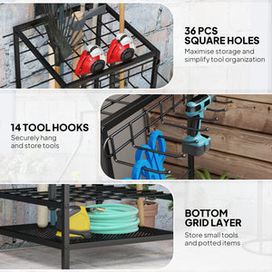 3-Tier Yard Tool Tower Rack, Garden Tool Organizer with 14 Hooks for Long-Handled Rakes, Shovel, Broom, Black