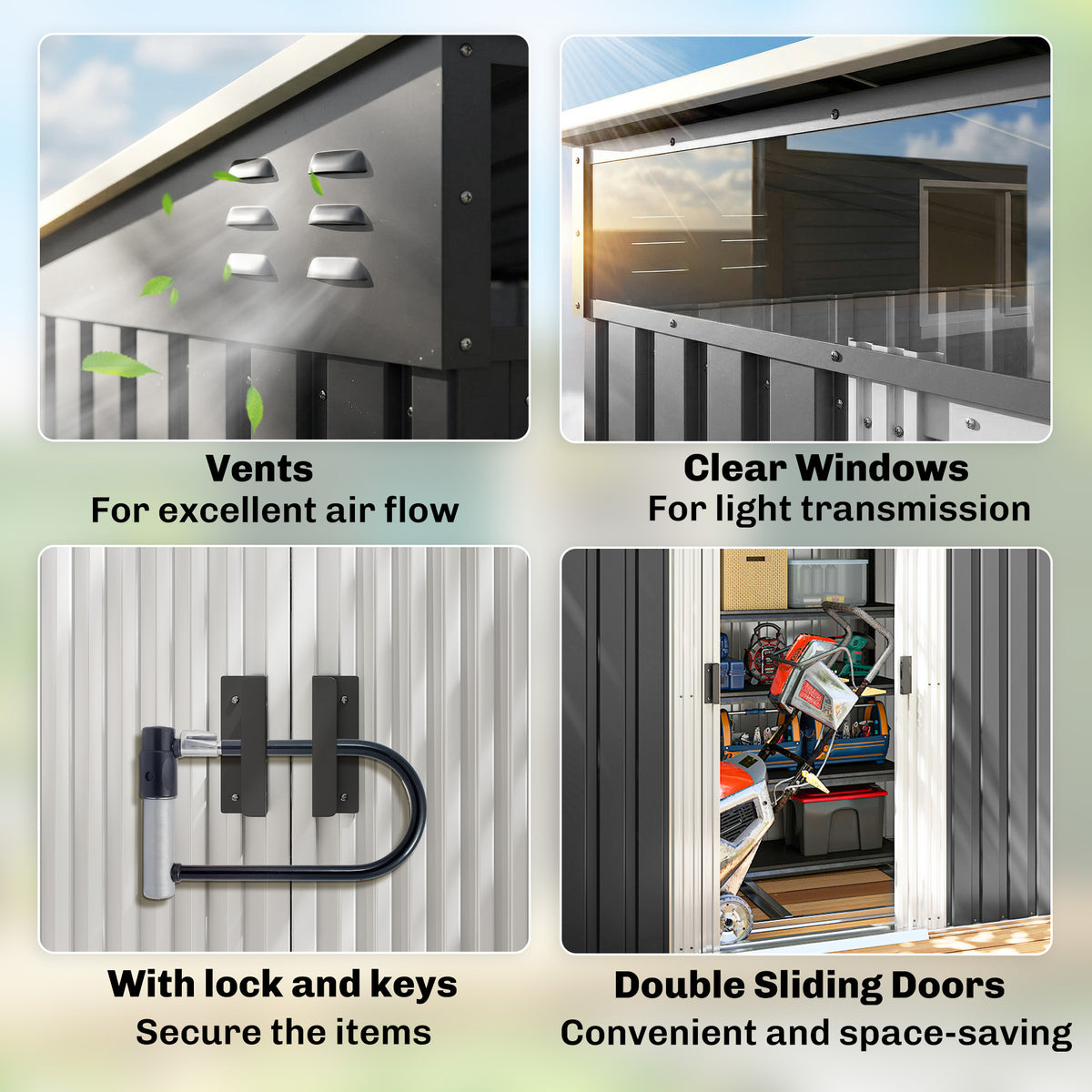 6.5x4FT Galvanised Metal Shed with Foundation Kit, Lockable Garden Tool Storage House with Sliding Doors – view 6