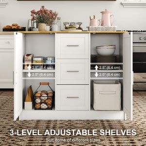 Kitchen Island with Storage Cabinets, 3 Drawers, 2 Adjustable Shelves and Sitting Space for Dining Room, White