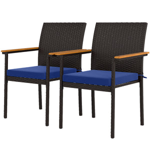 Stackable Wicker Patio Chairs Set of 2 with Removable Cushion, Armrest for Garden, Porch, Yard, Navy Blue
