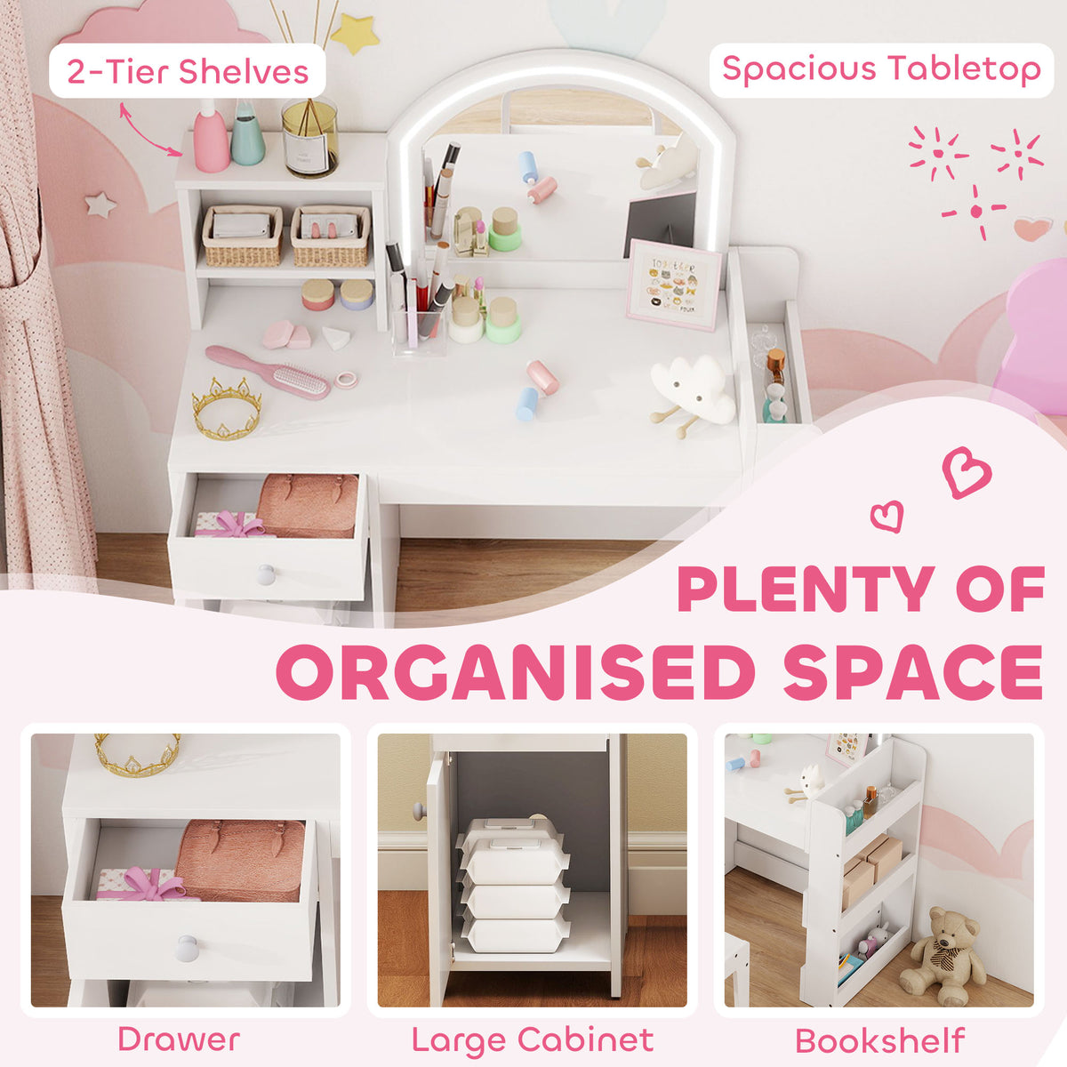 Qaba Kids Vanity Set, Toddler Dressing Table and Chair Set  with Lighted Mirror, Cabinet, Drawer and Shelves