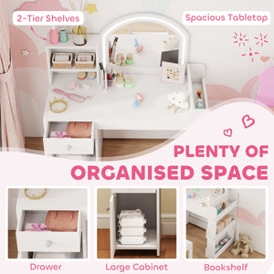 Qaba Kids Vanity Set, Toddler Dressing Table and Chair Set  with Lighted Mirror, Cabinet, Drawer and Shelves