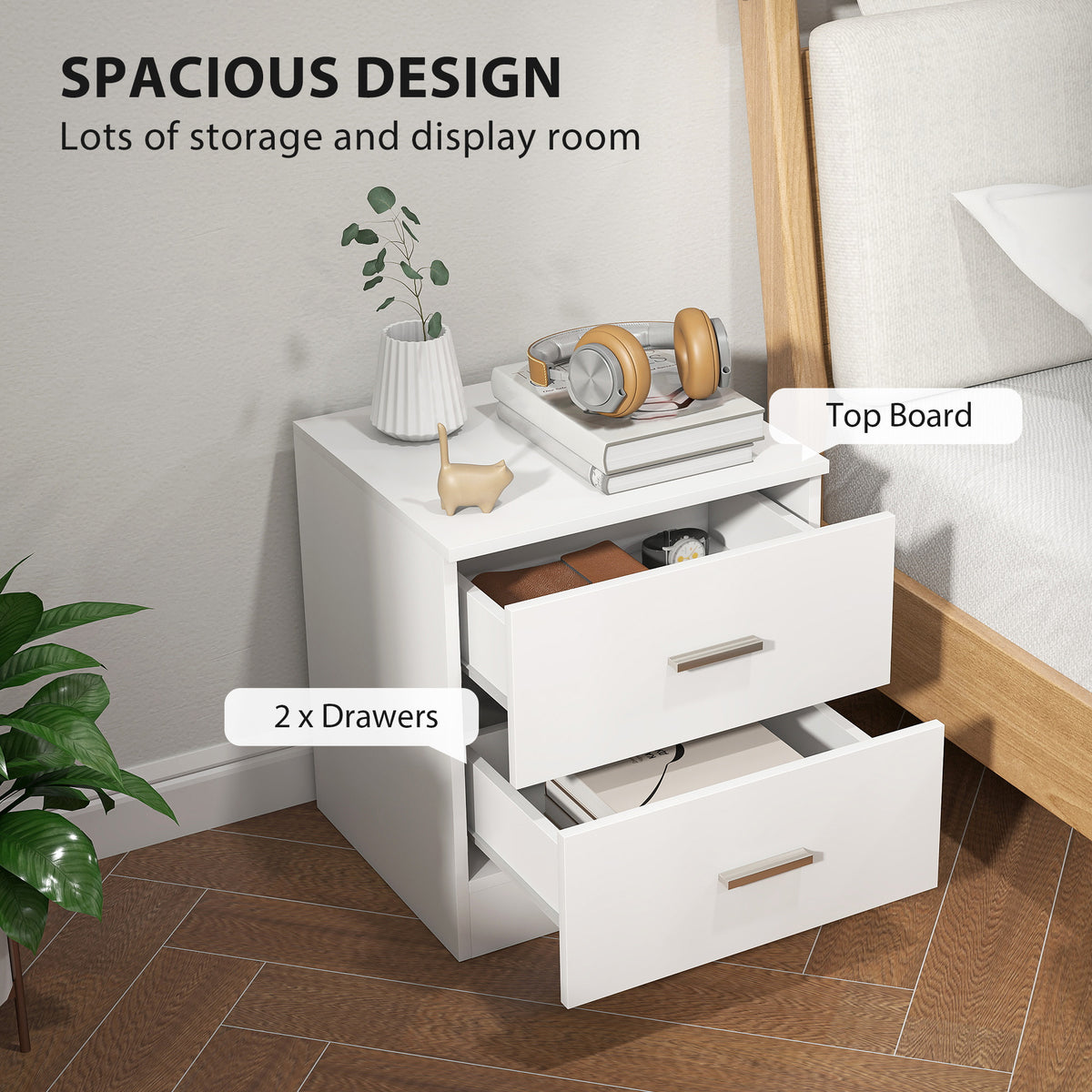 Bedside Table with 2 Drawers, Modern Nightstand for Bedroom, White – view 3