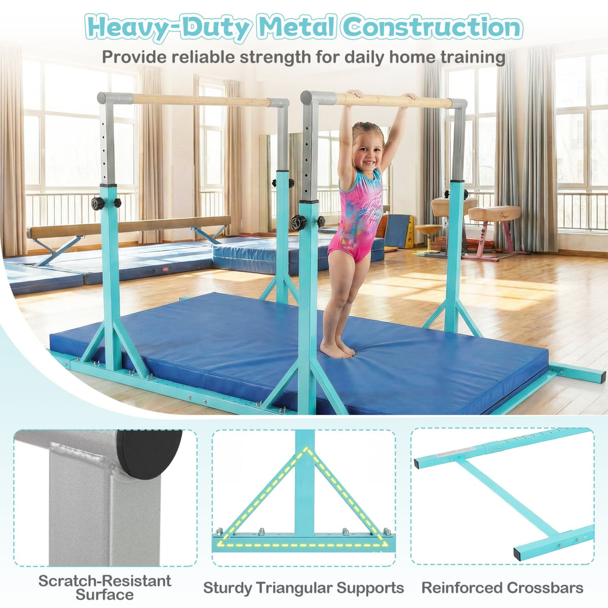 8 FT Double Horizontal Bars with 13-Level Adjustable Heights-Green view 7