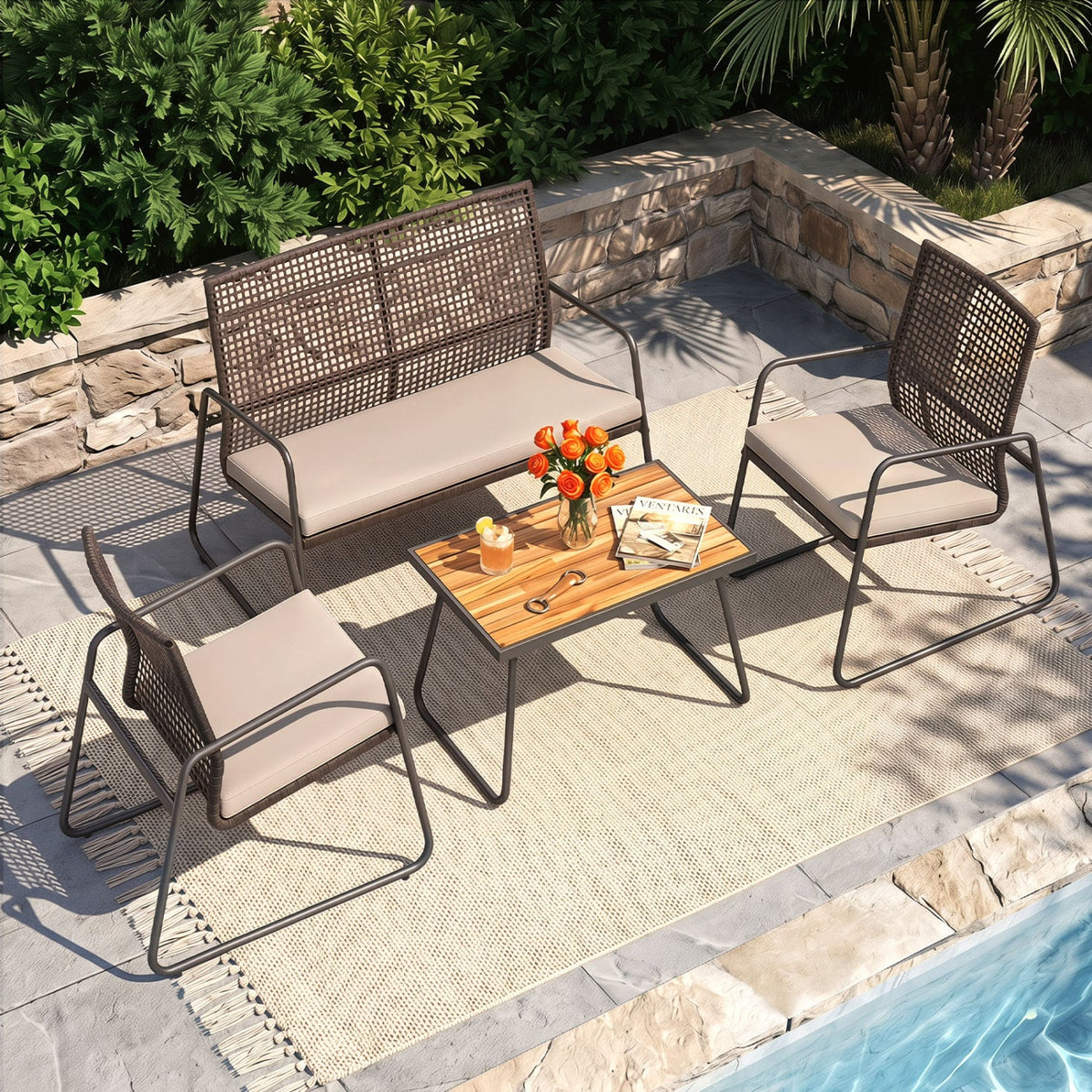8 Pieces Patio Furniture Set with Acacia Wood Coffee Table and Zippered Cushions-Yellow view 2