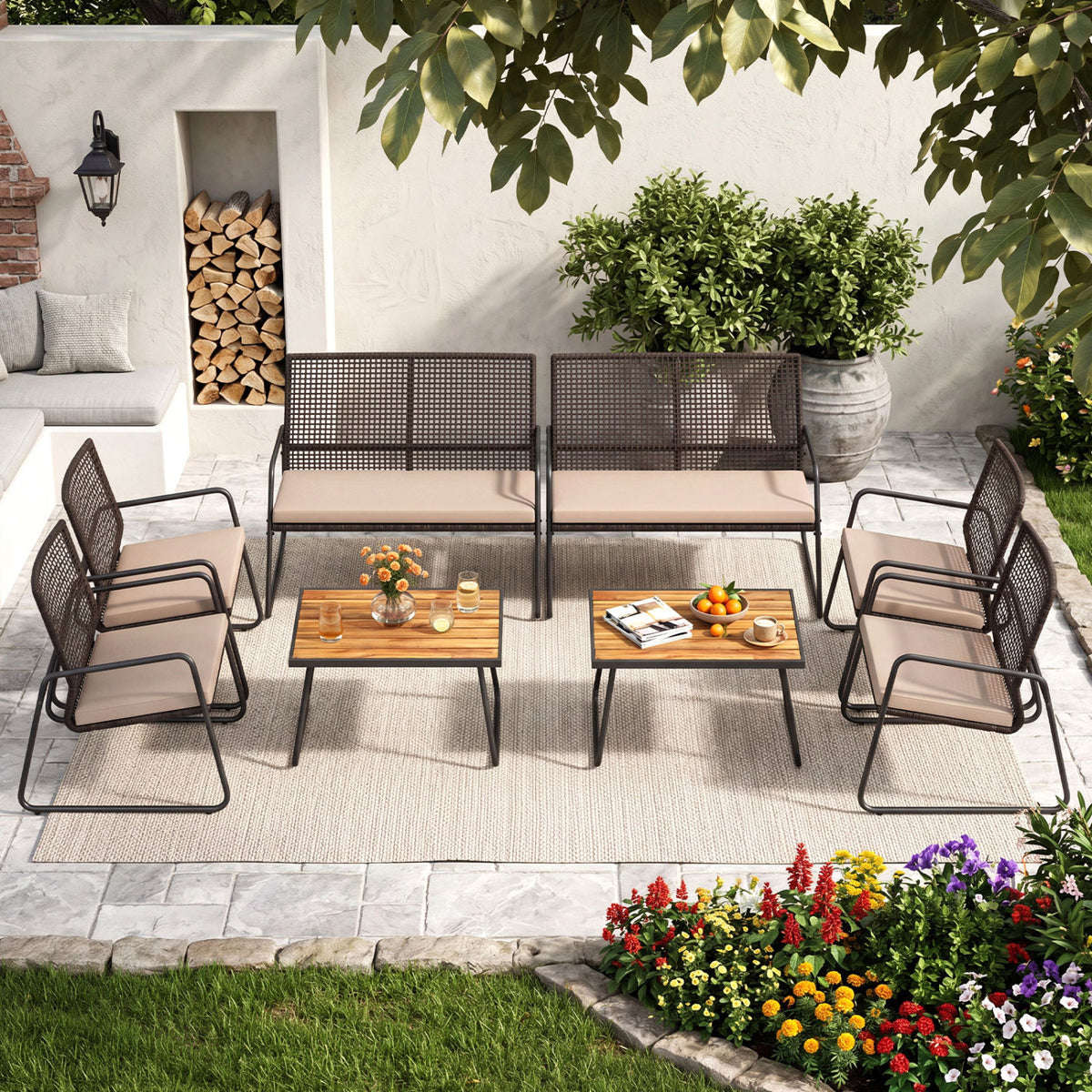 8 Pieces Patio Furniture Set with Acacia Wood Coffee Table and Zippered Cushions-Yellow view 3