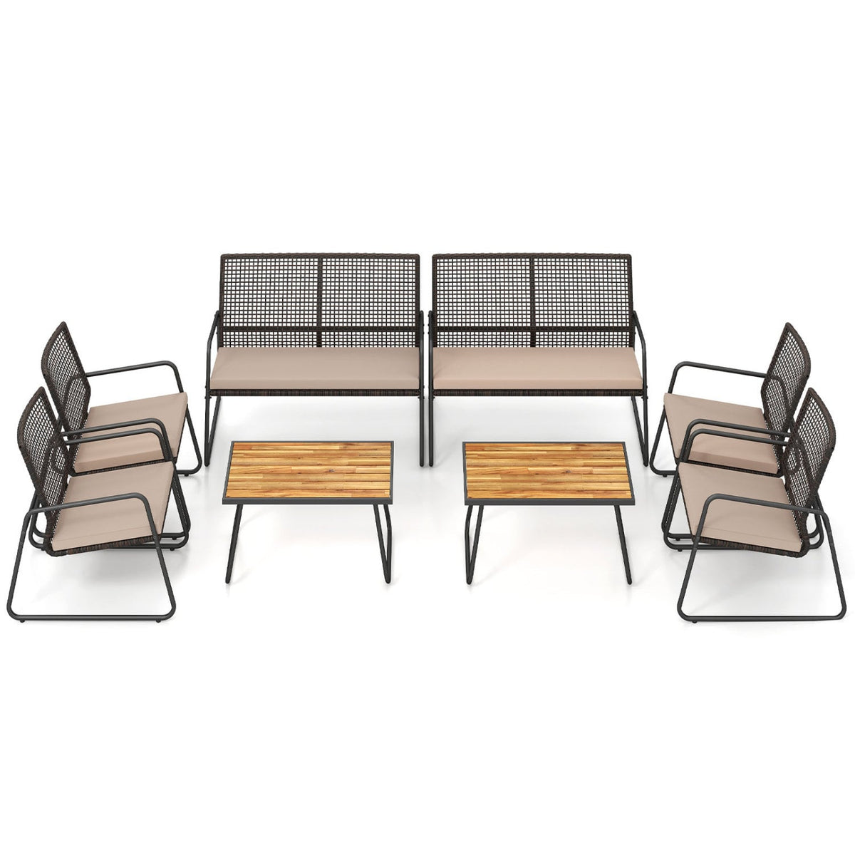 8 Pieces Patio Furniture Set with Acacia Wood Coffee Table and Zippered Cushions-Yellow
