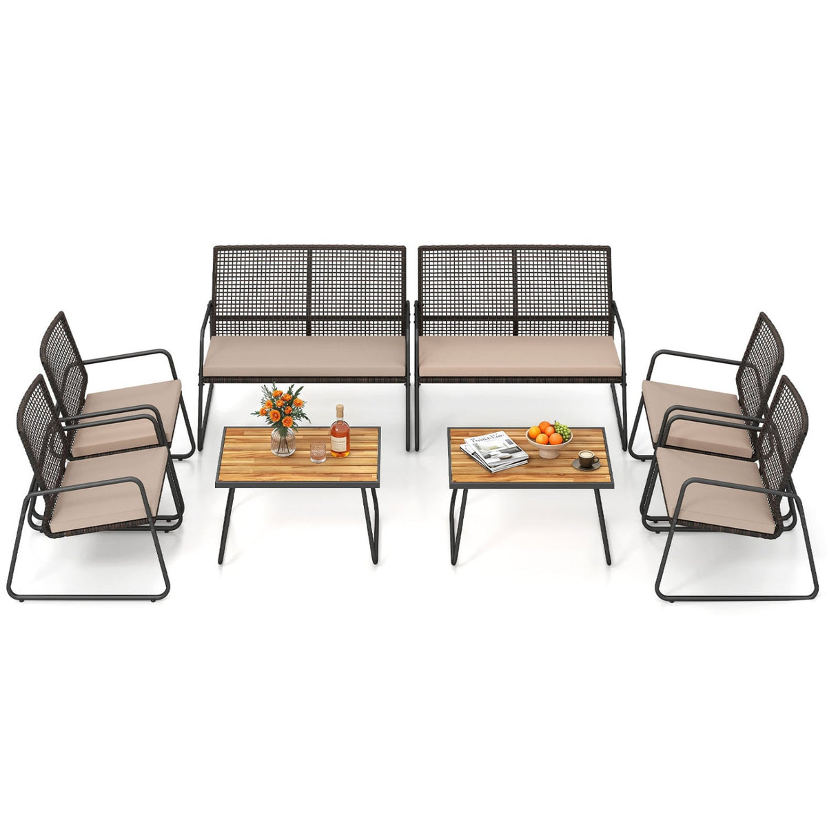 8 Pieces Patio Furniture Set with Acacia Wood Coffee Table and Zippered Cushions-Yellow view 4