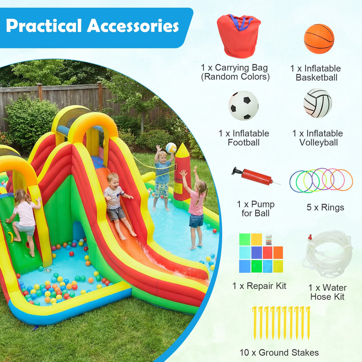8-in-1 Giant Bounce House with 2 Long Slides and Climbing Walls for Yard Party view 7
