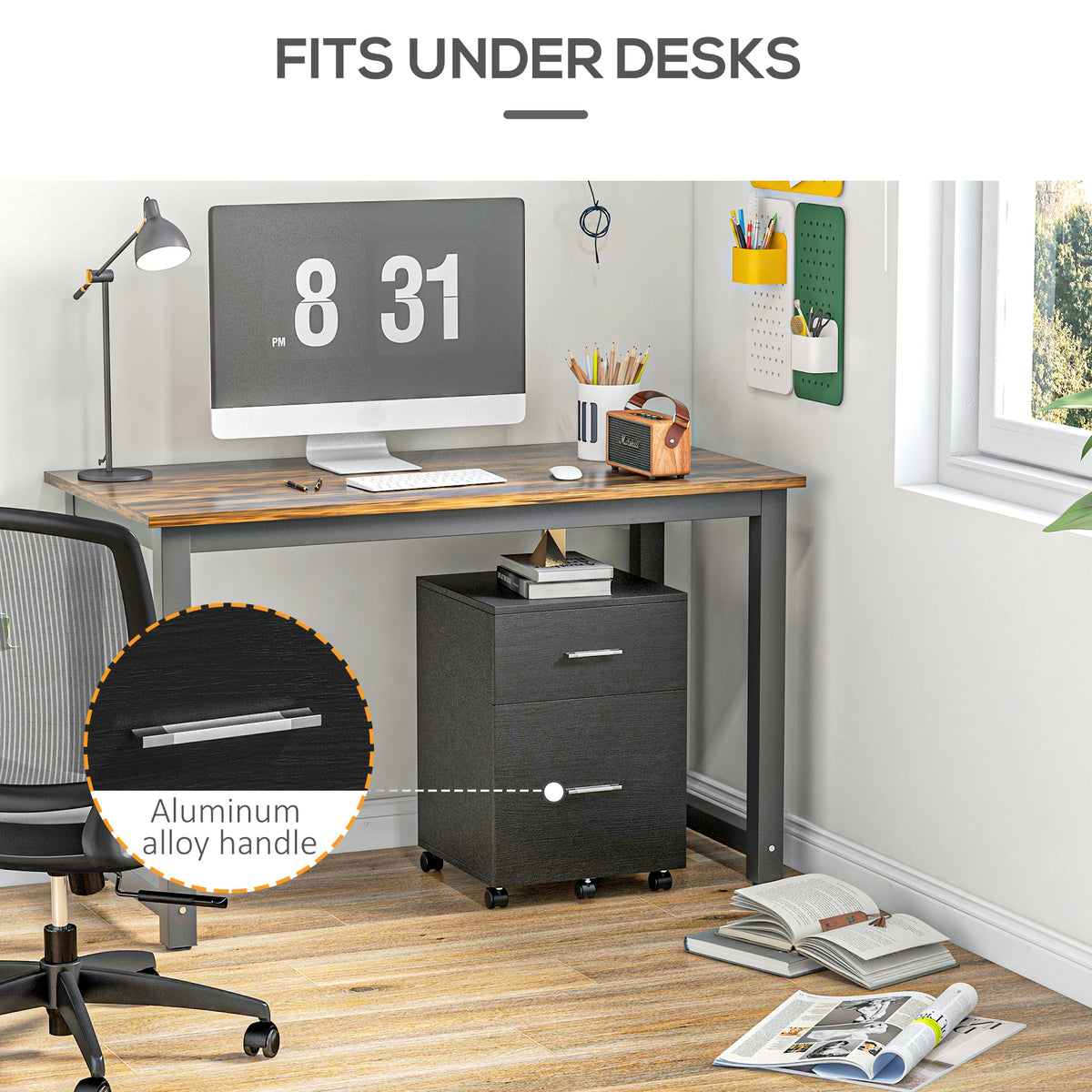 Mobile Filing Cabinet, Vertical File Cabinet with 2 Drawers, Wheels, for Letter or A4 File, Natural