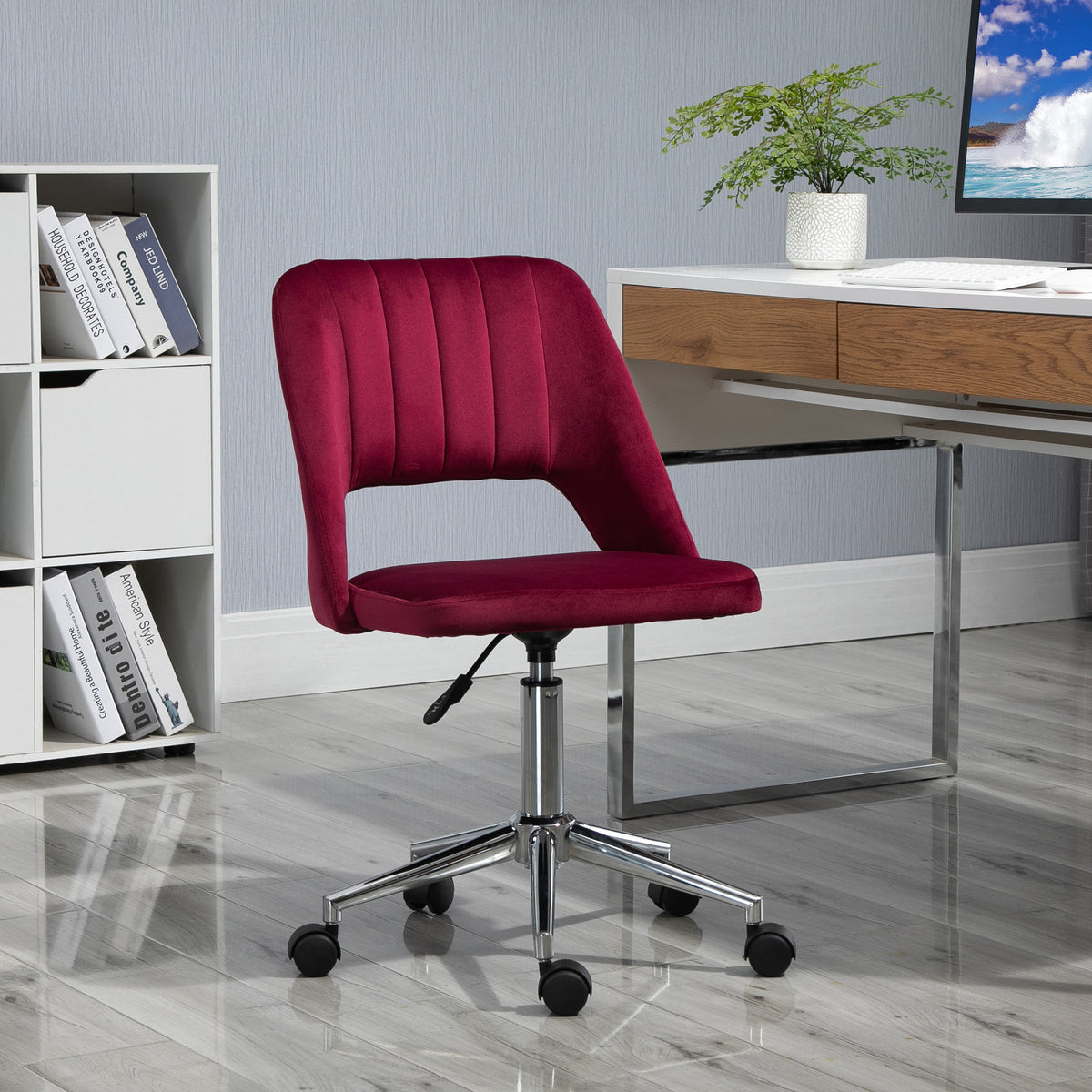 Mid Back Office Chair Velvet Fabric Swivel Scallop Shape Computer Desk Chair, Green – view 14
