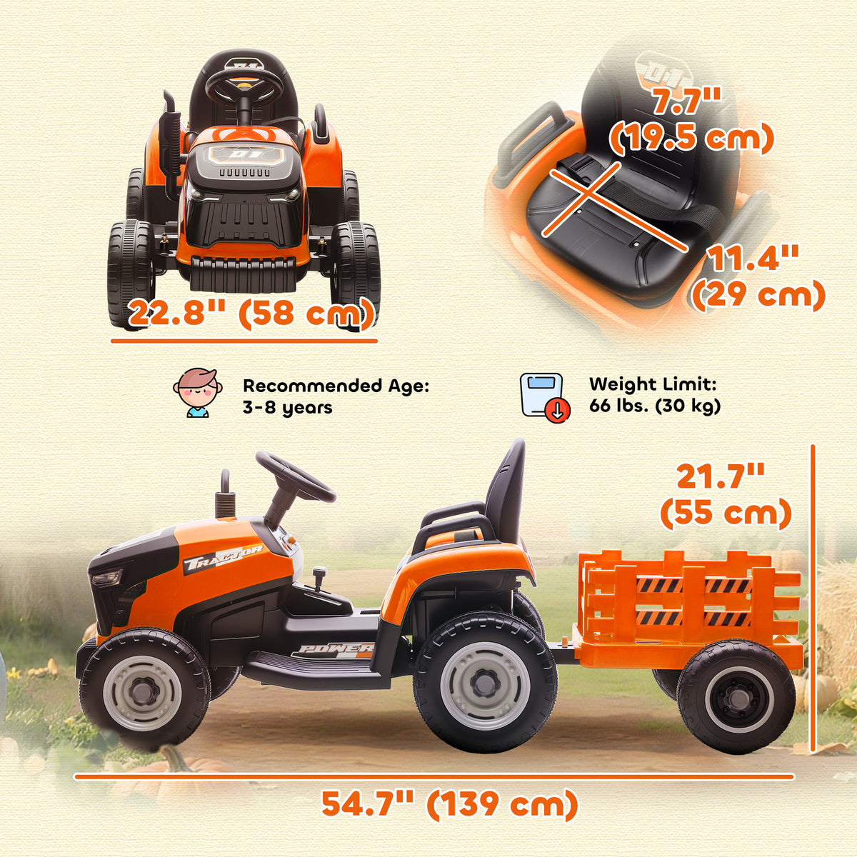 Qaba 12V Kids Ride On Tractor with Trailor, Remote Control, Music, Lights, Shifter, for Kids Ages 3-8 Years