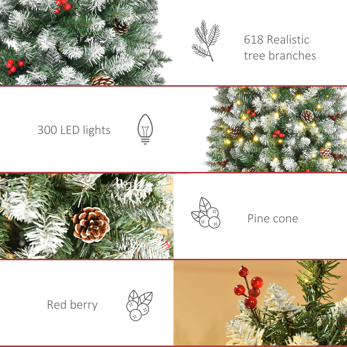 6 ft Snow-Dipped Pencil Christmas Tree Pre-Lit Holiday Decoration with LED Lights Pine Cones Red Berries Green