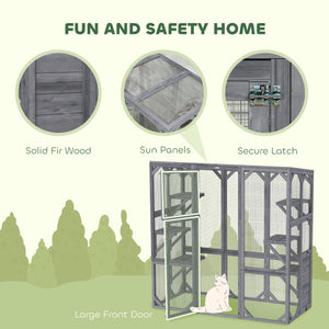 Outdoor Cat Enclosure with 6 Jumping Platforms, Weatherproof Roof, Large Front Door for 1-3 Cats, 59" x 28" x 60", Grey