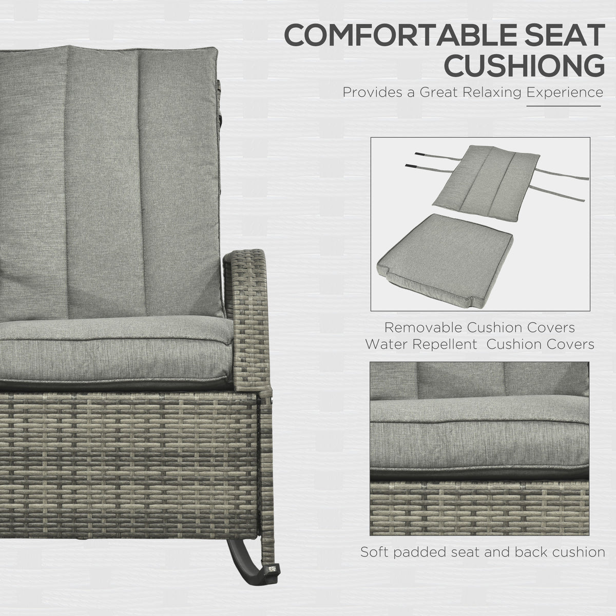 Outdoor Wicker Rocking Chair with Cushion, Patio PE Rattan Recliner Chair with Adjustable Footrest – view 12