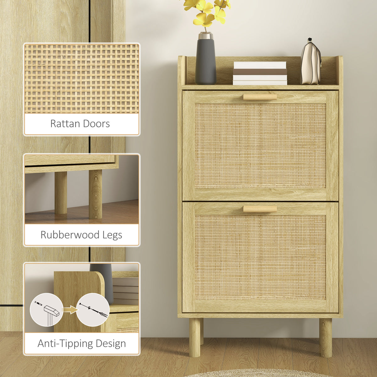 Slim Shoe Storage with 2 Flip Drawers and Adjustable Shelves, Rattan Shoe Cabinet Organizer for 12 Pair, Oak