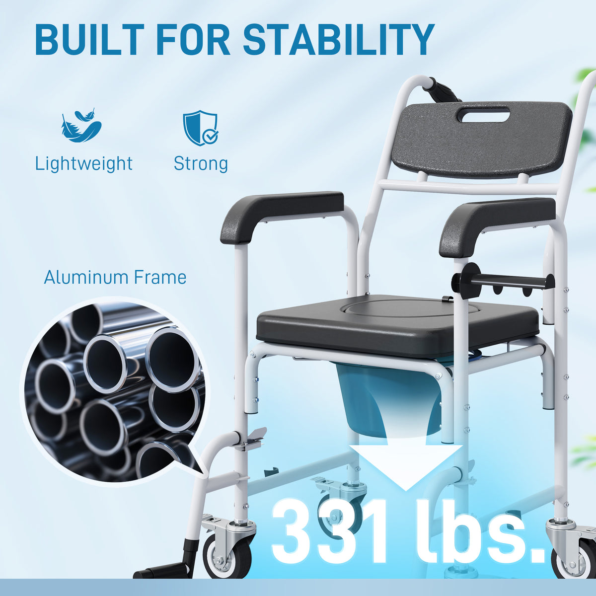 Rolling Shower Chair, Bedside Commode Chair with Wheels, Backrest, Arms, Flip Footrests for Seniors, Disabled, Black