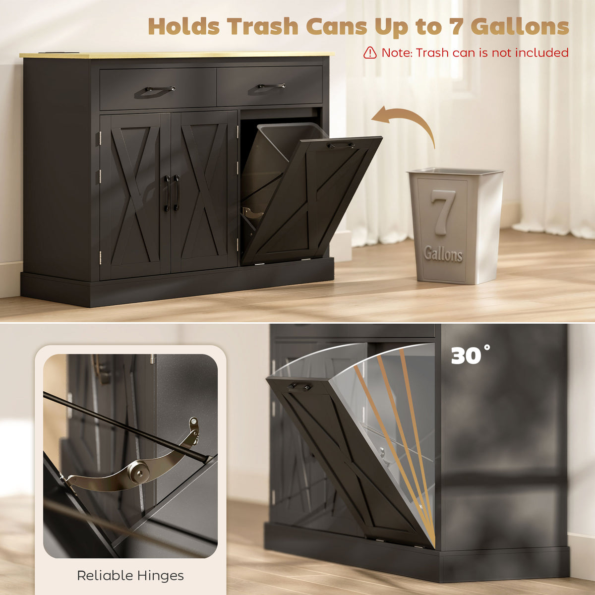 7 Gallon Tilt Out Garbage Cabinet, Kitchen Island with Charging Station, 2 Drawers, 4 Door Racks, Black – view 4