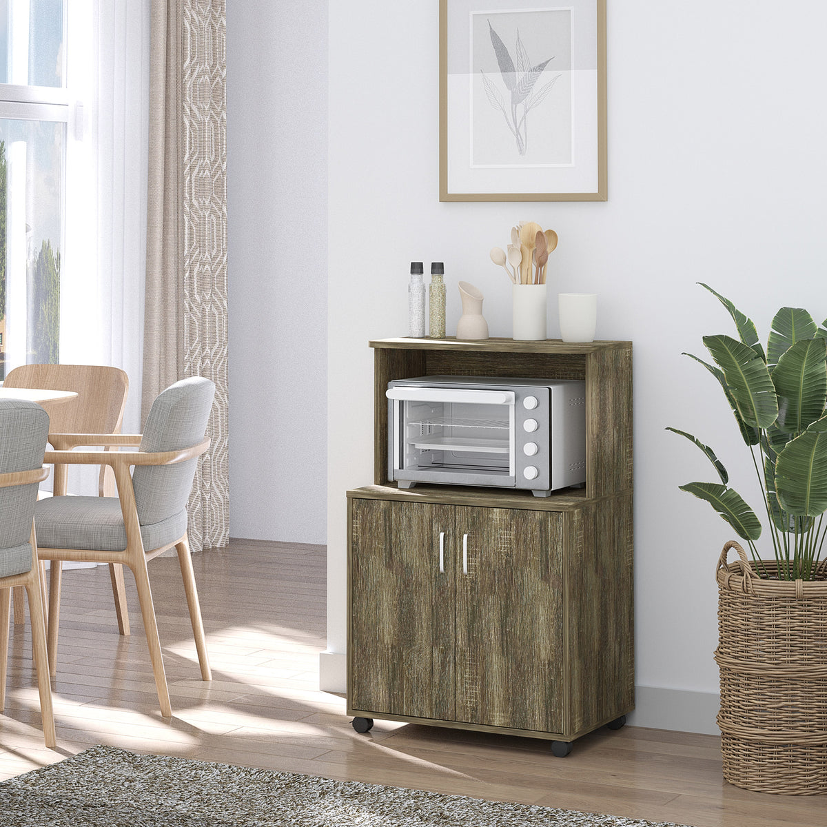 Microwave Cart on Wheels Utility Trolley Storage Sideboard Bookcase with 2-door Cabinet, Grey Wood Grain