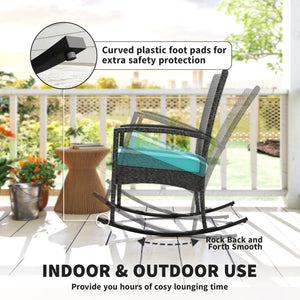 Outdoor Rocking Chair, Patio Wicker Chair Removable Cushion, High Back and Armrests for Porch Balcony, Turquoise
