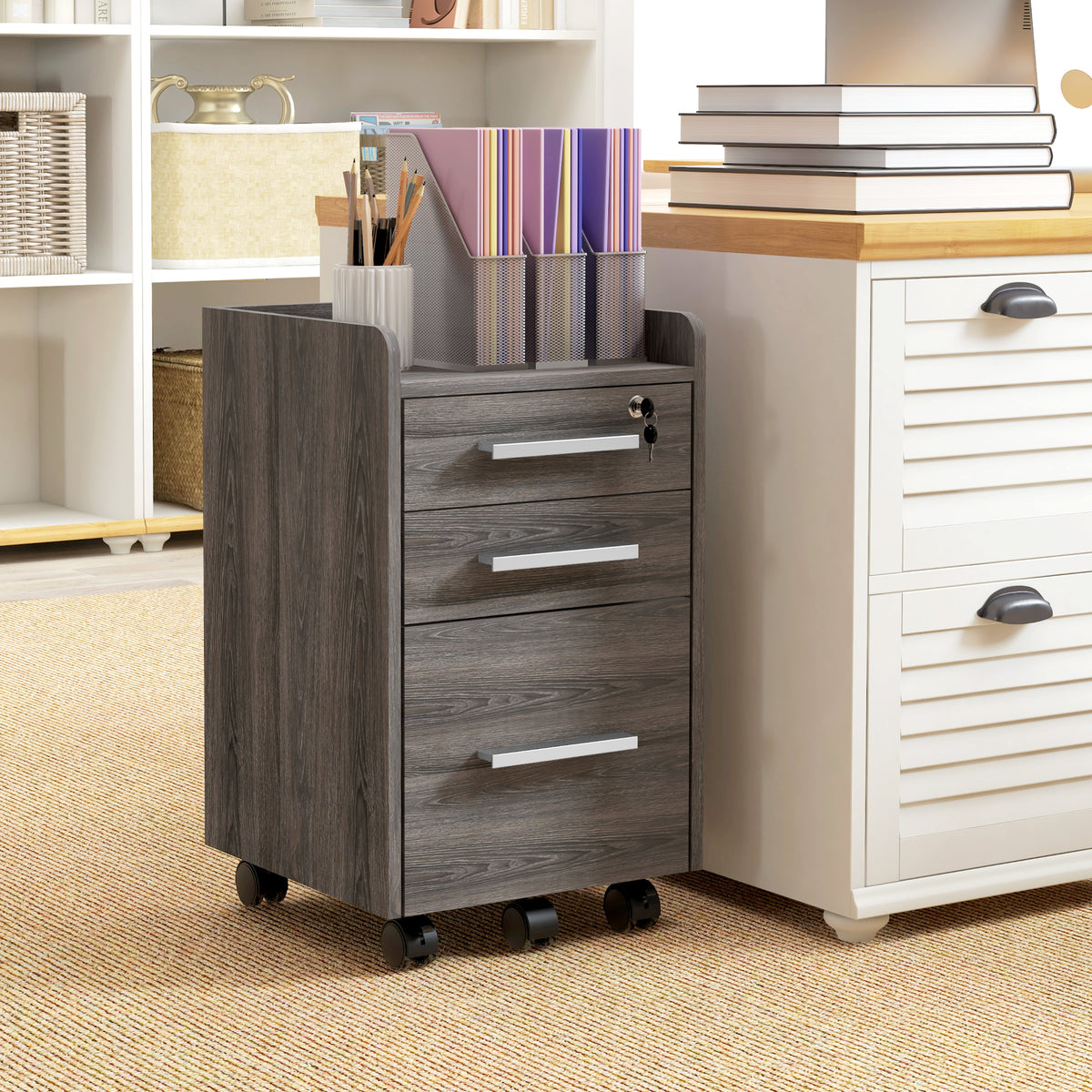 3 Drawer File Cabinet with Lock and Edged Top, Lockable Filing Cabinet on Wheels for Letter and A4 Size – view 21