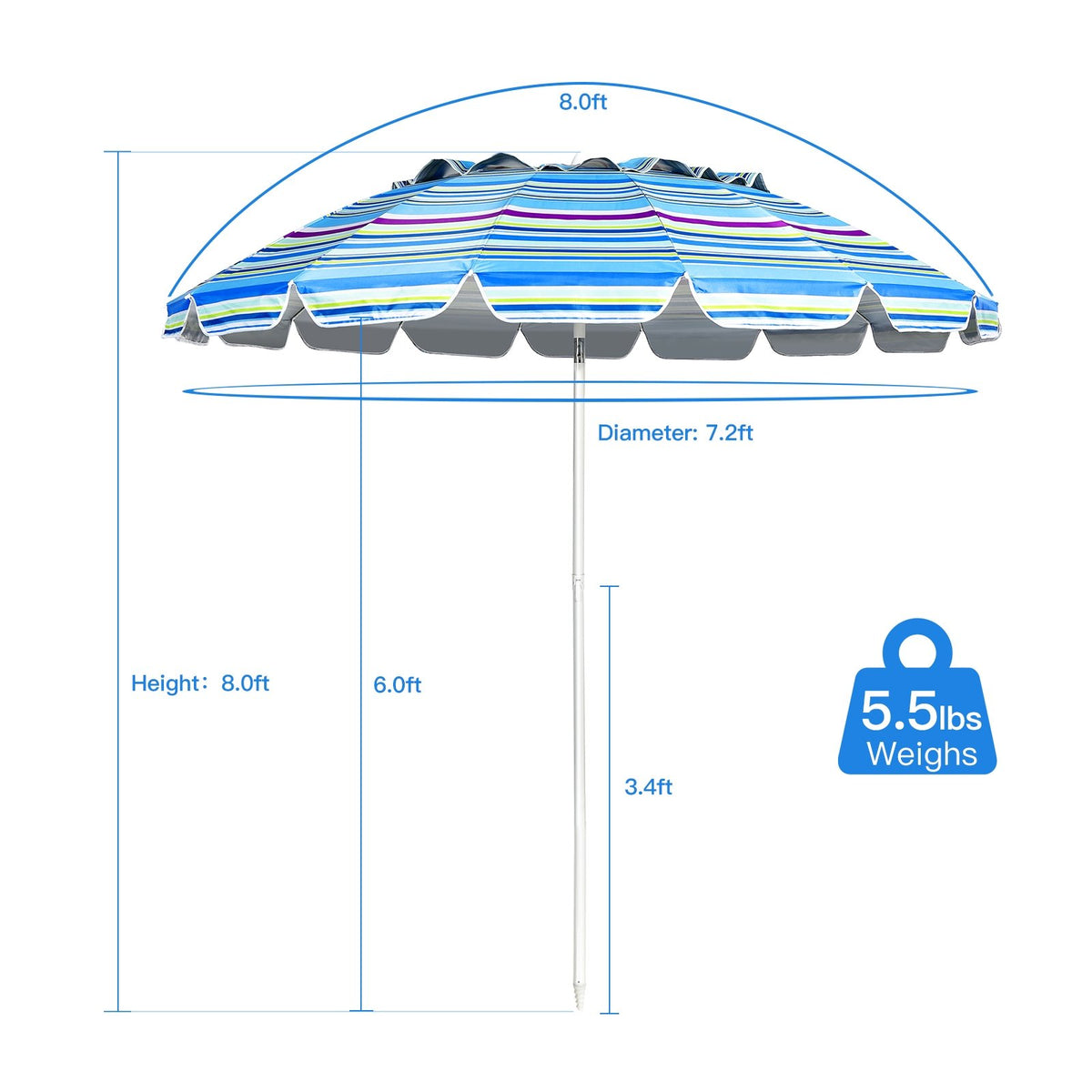 8FT Portable Beach Umbrella with Sand Anchor and Tilt Mechanism for Garden and Patio-Blue view 5