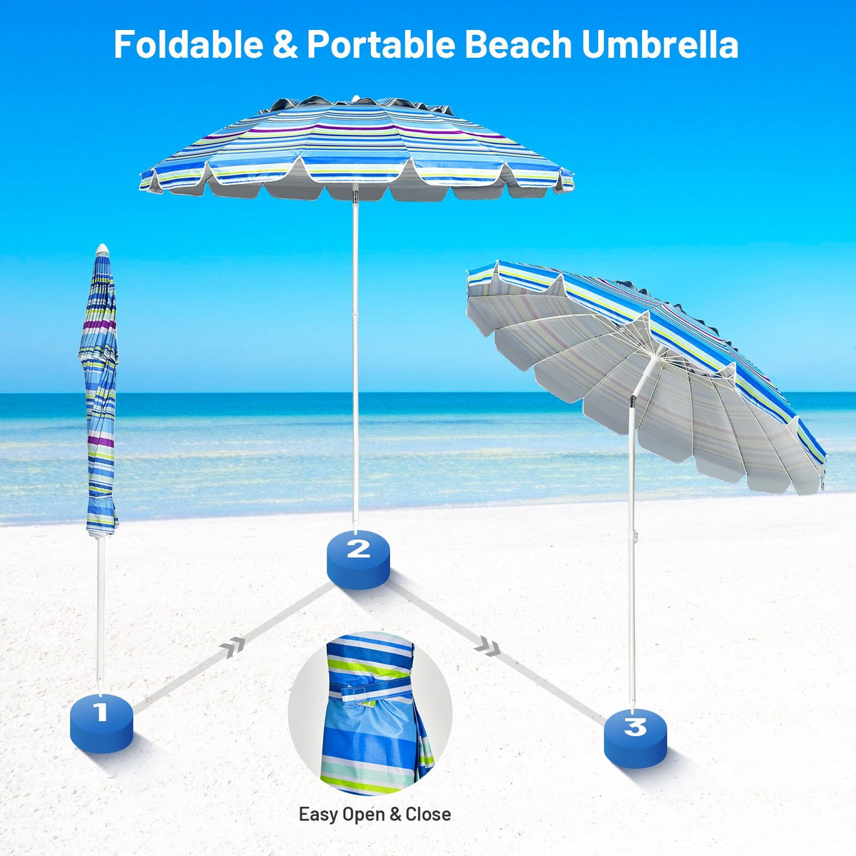8FT Portable Beach Umbrella with Sand Anchor and Tilt Mechanism for Garden and Patio-Blue view 8