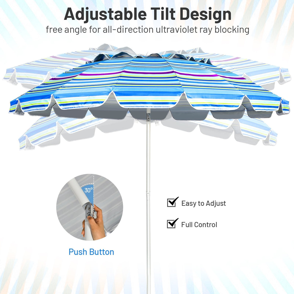 8FT Portable Beach Umbrella with Sand Anchor and Tilt Mechanism for Garden and Patio-Blue view 9