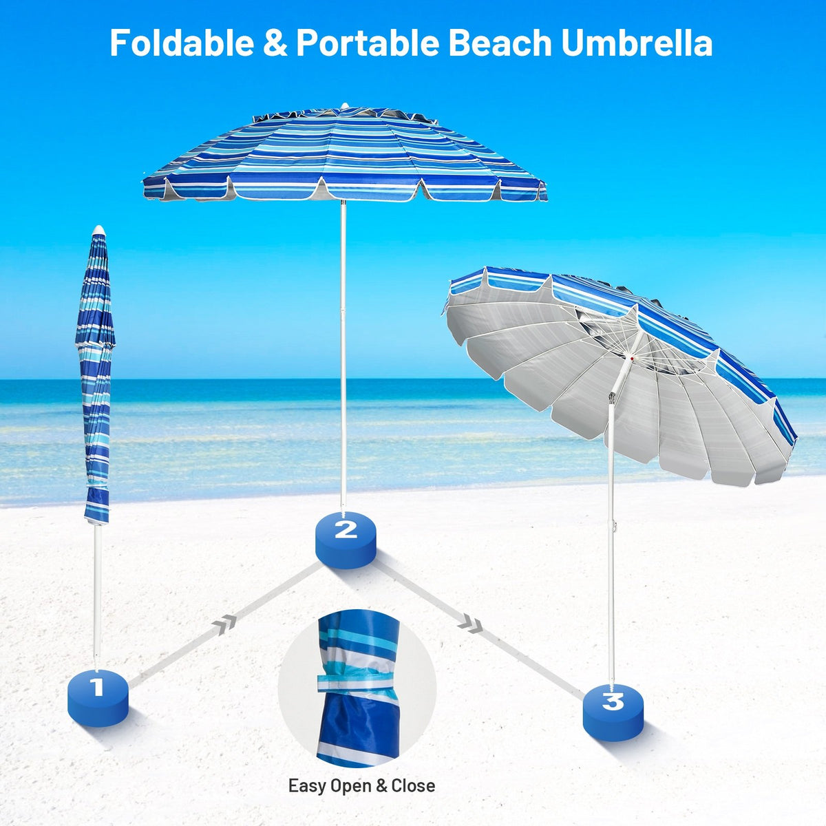 8FT Portable Beach Umbrella with Sand Anchor and Tilt Mechanism for Garden and Patio-Navy view 8