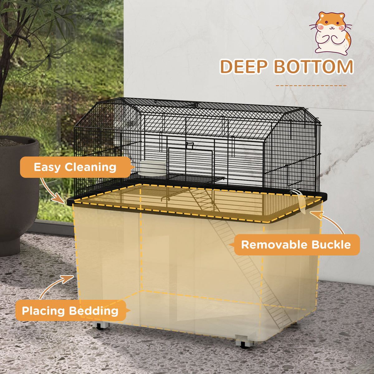 Hamster House Gerbil Habitat for Dwarf Hamster with Wheels, Detachable Bottom - Black