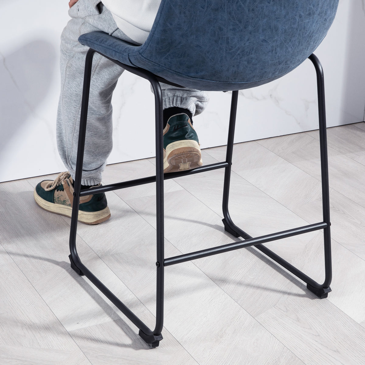 Counter Height Bar Stools Set of 2, Vintage PU Leather Bar Chairs, Kitchen Stools w/ Footrest for Home Bar, Blue