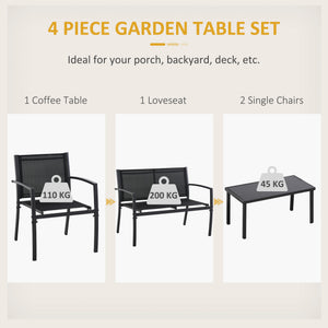 4-Piece Patio Furniture Set with Glass Top Coffee Table, Breathable Mesh Seat & Backrest for Garden, Balcony, Black
