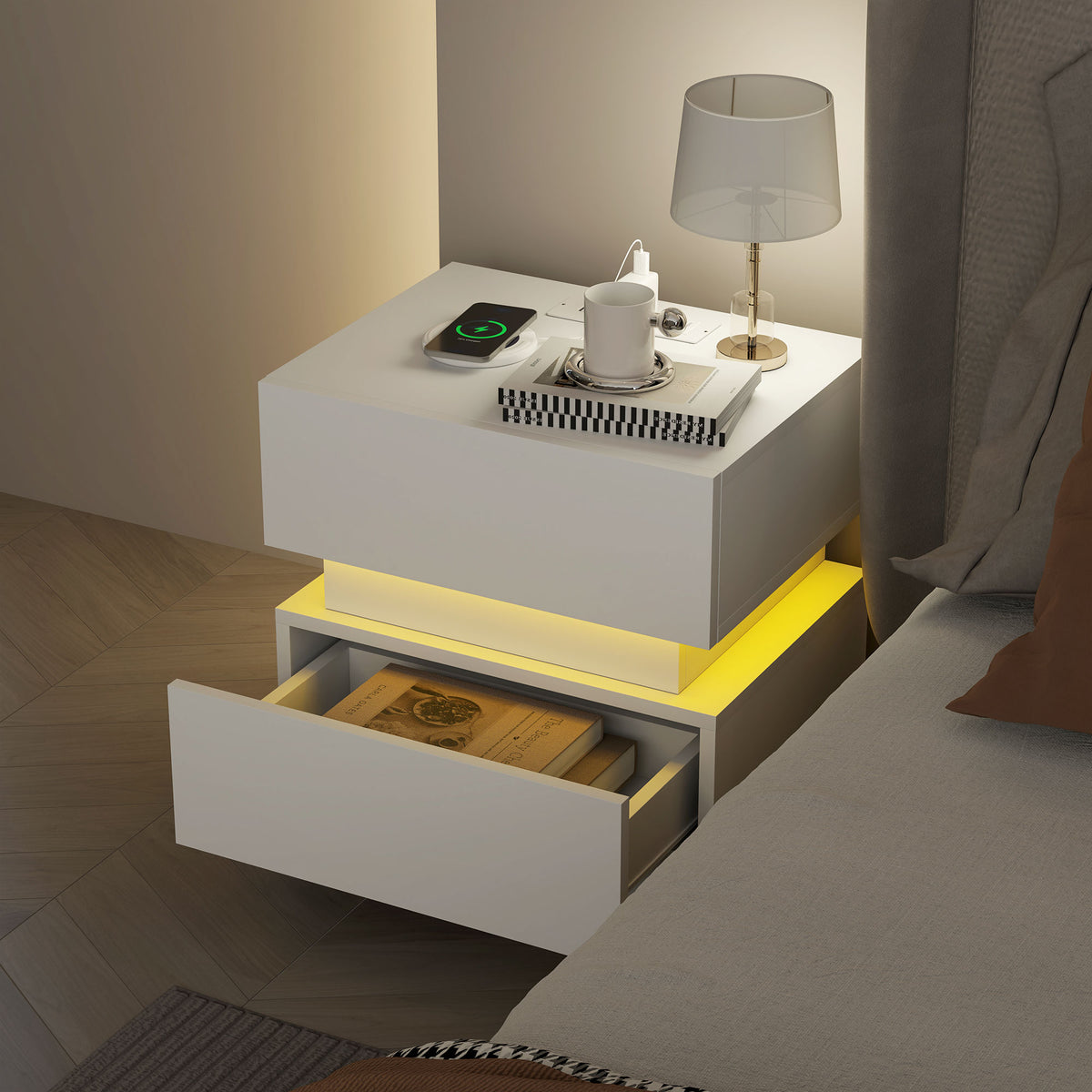 Bedside Table with Charging Station and LED Light Modern Nightstand with USB Ports AC Outlets Drawers – view 13