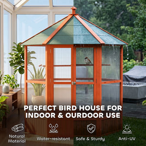 70"H Wooden Bird Cage Hexagonal Outdoor Aviary with Doors